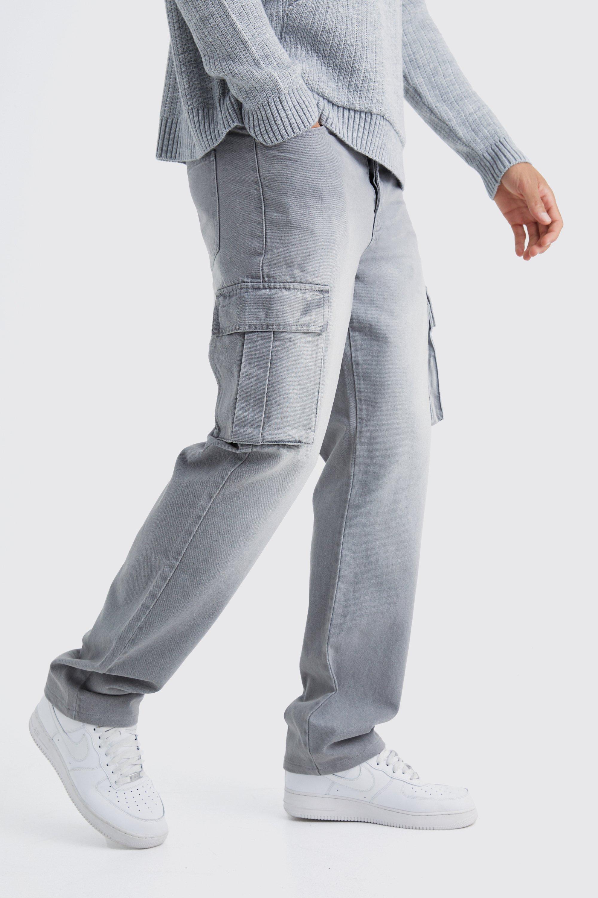 Mens Grey Tall Relaxed Rigid Cargo Jeans, Grey